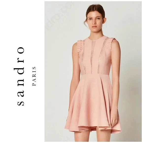 NWOT Sandro Paris Lace Inset Ruffle Dress in Blush FR 36; US 2-4 / Small - Picture 5 of 16